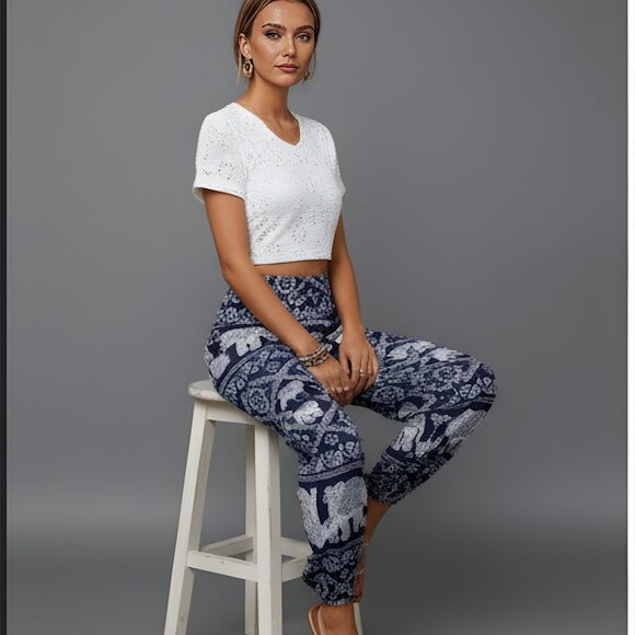 Boho Elephant Print Carrot Pants Blue - Picture 2 of 5